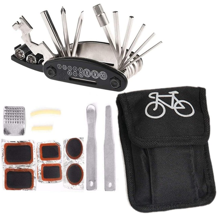 Trusa cu chei si kit de reparatie pana pentru bicicleta, Zola®, pentru buzunar, husa neagra