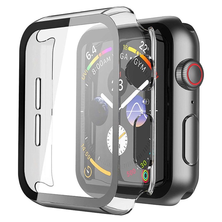 Husa cu Folie CASEY STUDIOS™ compatibila cu Apple Watch 9/8/7 - 45MM, Protectie 360°, Policarbonat Dur, Ultra-Subtire, Anti-Soc Full Screen, Sticla 9H, Transparent