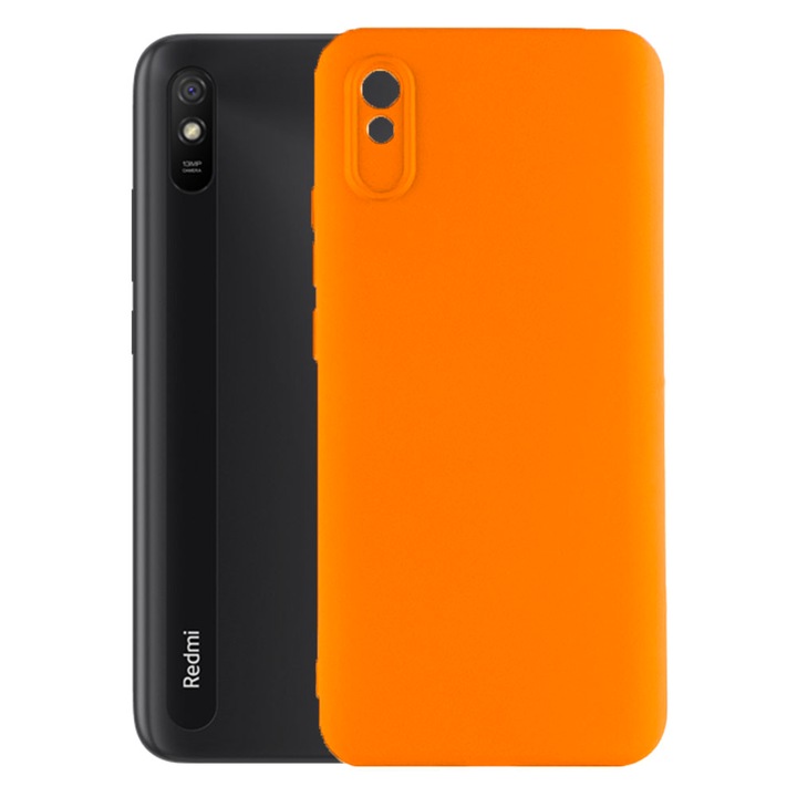 Védőburkolat, bársony belső, Xiaomi Redmi 9A / 9AT kompatibilis, FONIX BloomShield, szilikon, emelt élek, vékony, Neon narancs