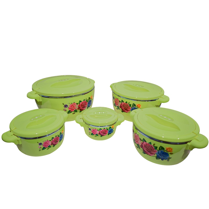 Caserola termica, set 5 piese, cu interior din inox, Naimeed D4799, Verde