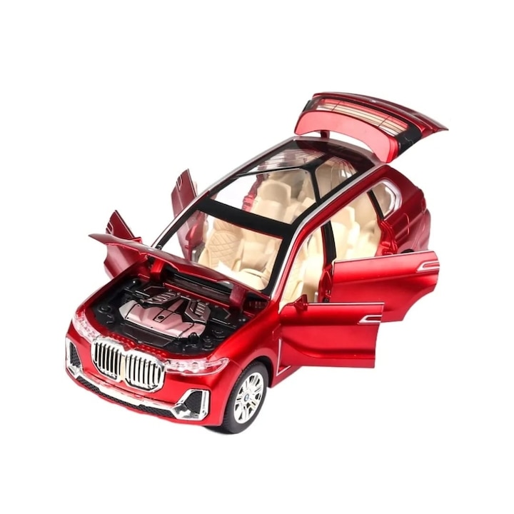Masinuta metalica mecanica, tip BMW X7, sunete si lumini, usi mobile, portbagaj mobil, capota mobila, rosu, 16 cm