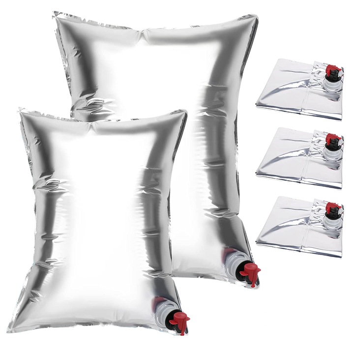 Set 5 pungi de apa bag in box, 3 de 10 litri si 2 de 20 itri, din film compozit rezistent la lumina, cu robinet detasabil, pentru drumetii, camping, urgente