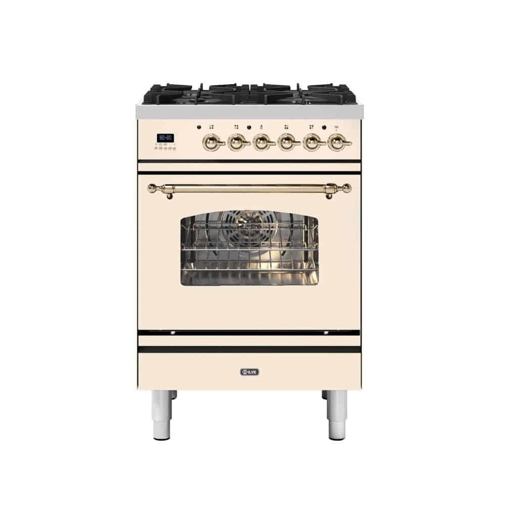 Aragaz pe gaz premium ILVE, Nostalgie, 60 cm, clasa A+, 4 arzatoare, cuptor electric 65 litri, design vintage, timer 60 min, usa cuptor cu 3 straturi de sticla, gatire ECO, dezghetare, 15 functii de gatire multiple, iluminare interioara automata, crem