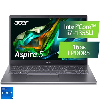Laptop Acer Aspire 5 A515-58M cu procesor Intel Core i7-1355U pana la 5.0 GHz, 15.6", Full HD, IPS, 16GB DDR5, 512GB SSD, Intel UHD Graphics, No OS, Iron