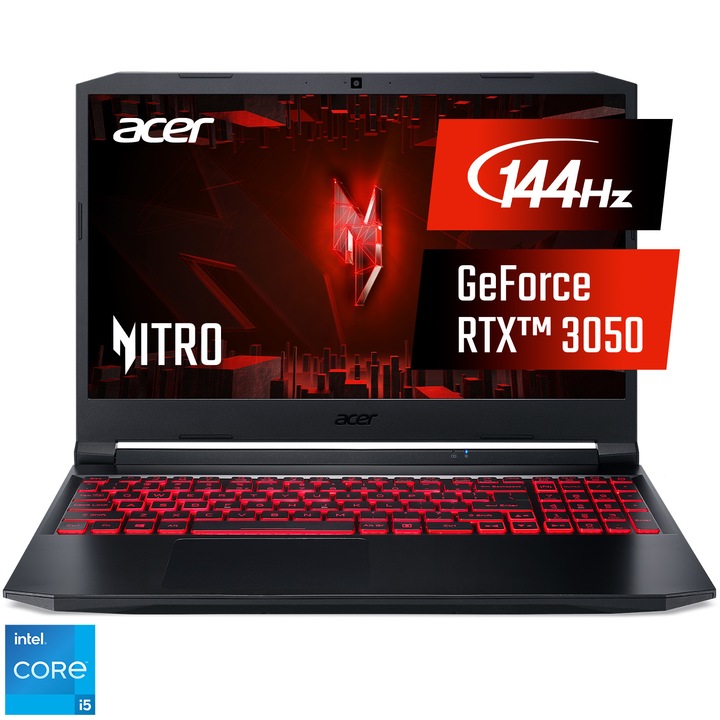 Лаптоп Gaming Acer Nitro 5 AN515-57, Intel® Core™ i5-11400H, 15.6", Full HD, 144Hz, 8GB, 512GB SSD, NVIDIA® GeForce® RTX™ 3050 4GB, No OS, Black