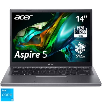 Laptop Acer Aspire 5 A514-56 cu procesor Intel Core i3-1315U pana la 4.5 GHz, 14", WUXGA, 8GB DDR5, 512GB SSD, Intel UHD Graphics, No OS, Iron