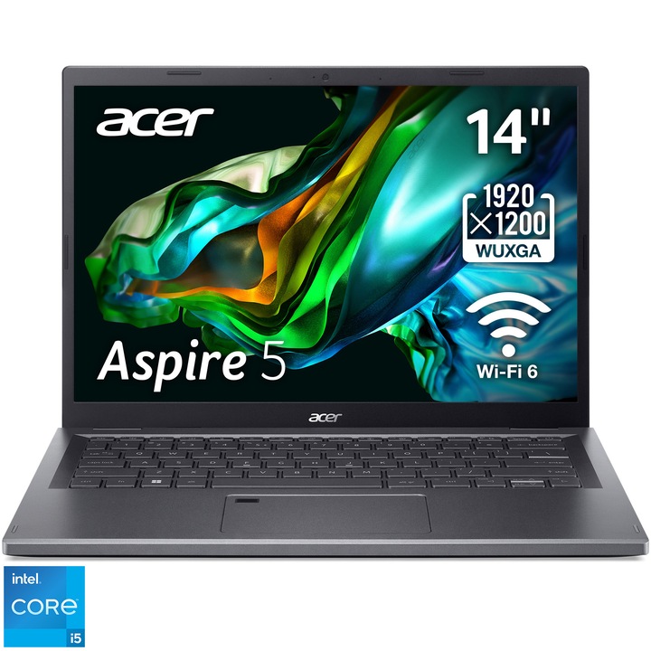 Laptop Acer Aspire 5 A514-56 cu procesor Intel® Core™ i5-1335U pana la 4.6 GHz, 14", WUXGA, 16GB DDR5, 512GB SSD, Intel® UHD Graphics, No OS, Iron