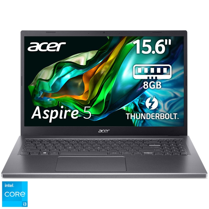 Laptop Acer Aspire 5 A515-58M cu procesor Intel® Core™ i3-1315U pana la 4.5 GHz, 15.6", Full HD, IPS, 8GB DDR5, 256GB SSD, Intel® UHD Graphics, No OS, Iron