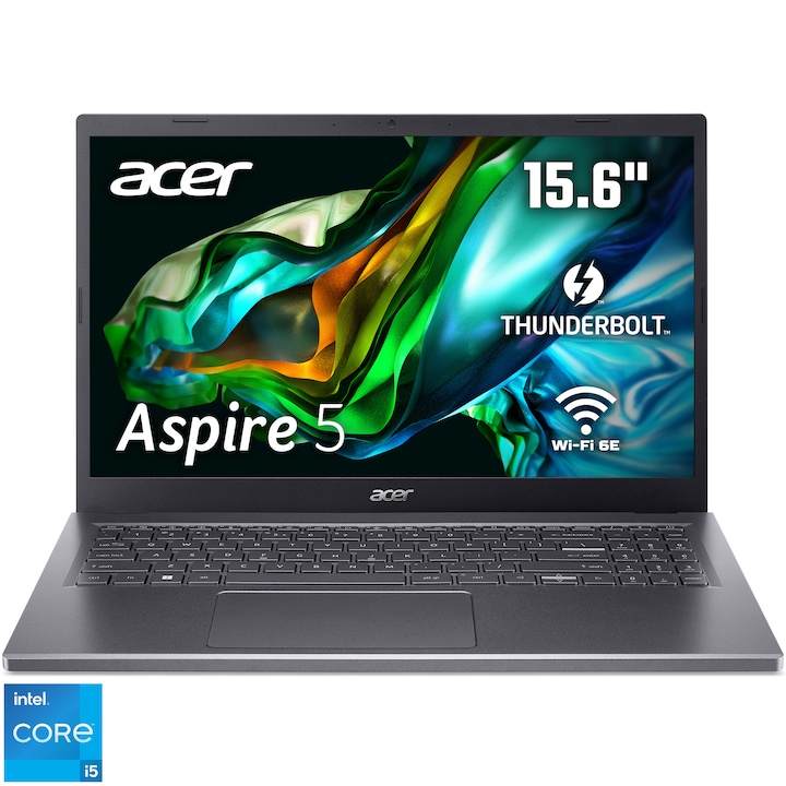Laptop Acer Aspire 5 A515-58M Intel® Core™ i5-1335U processzorral 4,6 GHz-ig, 15,6 hüvelykes Full HD, IPS, 16 GB DDR5, 512 GB SSD, Intel® UHD grafikus kártya, operációs rendszer nélkül, Iron