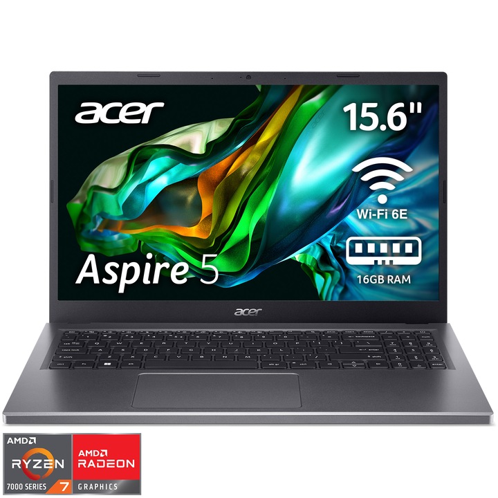 Acer Aspire 5 A515-48M laptop, AMD Ryzen™ 7 7730U processzorral akár 4,5 GHz, 15,6", Full HD, IPS, 16GB DDR4, 512GB SSD, AMD Radeon™ Graphics, operációs rendszer nélkül, nemzetközi angol billentyűzet, vas