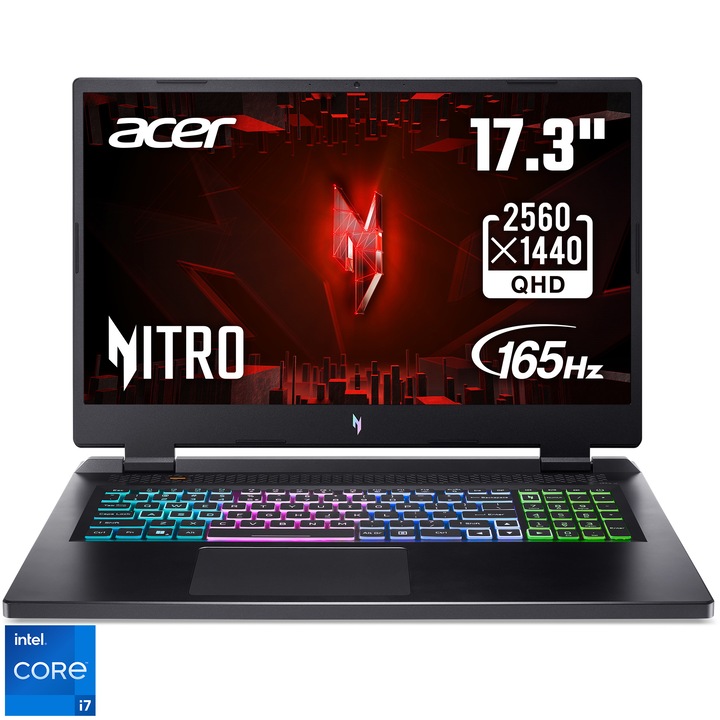Лаптоп Gaming Acer Nitro 17 AN17-51, Intel® Core™ i7-13700H, 17.3", QHD, 165Hz, 16GB, 1TB SSD, NVIDIA® GeForce® RTX™ 4060 8GB, No OS, Black
