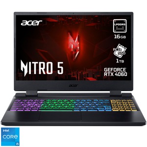 Laptop Gaming Acer Nitro 5 AN515-58 cu procesor Intel® Core™ i5-12500H pana la 4.5 GHz, 15.6", Full HD, IPS, 144Hz, 16GB DDR5, 1TB SSD, NVIDIA® GeForce RTX™ 4060 8GB GDDR6, No OS, Black