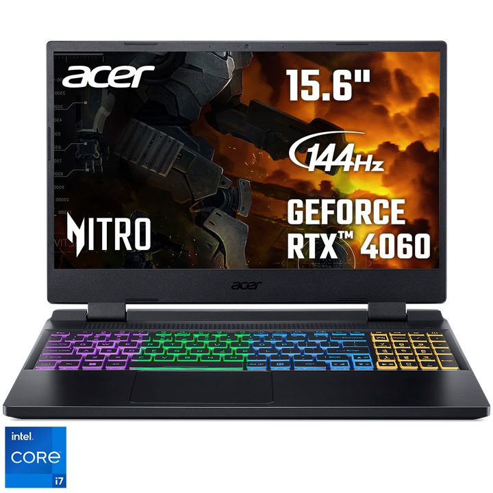 Лаптоп Gaming Acer Nitro 5 AN515-58, Intel® Core™ i7-12700H, 15.6", Full HD, 144Hz, 16GB, 512GB SSD, NVIDIA® GeForce® RTX™ 4060 8GB, No OS, Black