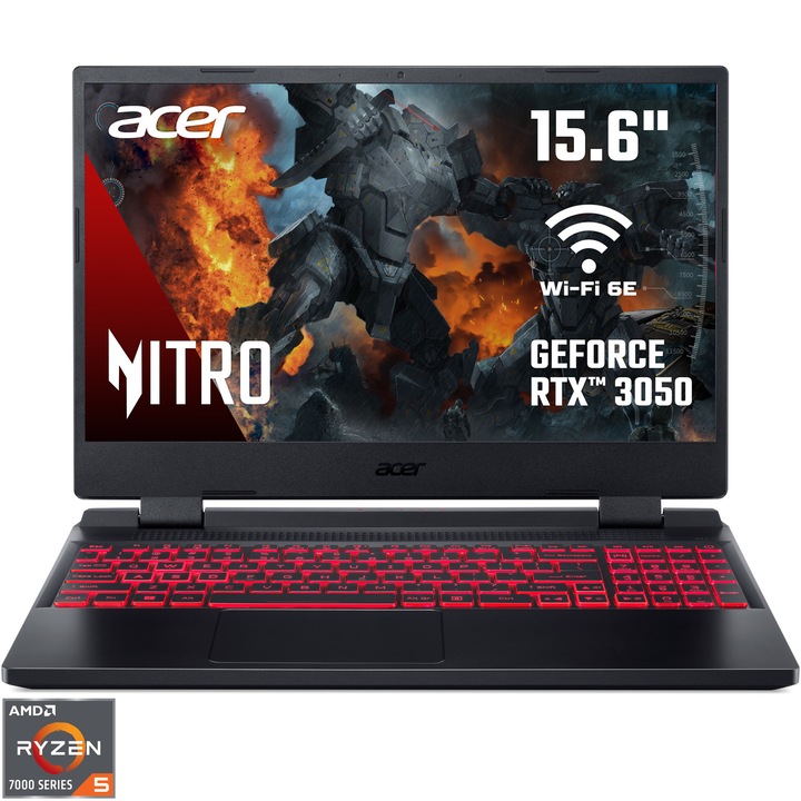 Laptop Gaming Acer Nitro 5 AN515-47 cu procesor AMD Ryzen™ 5 7535HS pana la 4.55 GHz, 15.6", Full HD, IPS, 144Hz, 16GB DDR5, 512GB SSD, NVIDIA® GeForce RTX™ 3050 4GB GDDR6, No OS, Black