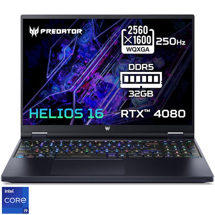 Laptop Gaming Acer Predator Helios 16 PH16-71 cu procesor Intel® Core™ i9-13900HX pana la 5.40 GHz, 16", WQXGA, 250Hz, 32GB DDR5, 1TB SSD, NVIDIA® GeForce RTX™ 4080 12GB GDDR6, No OS, Black