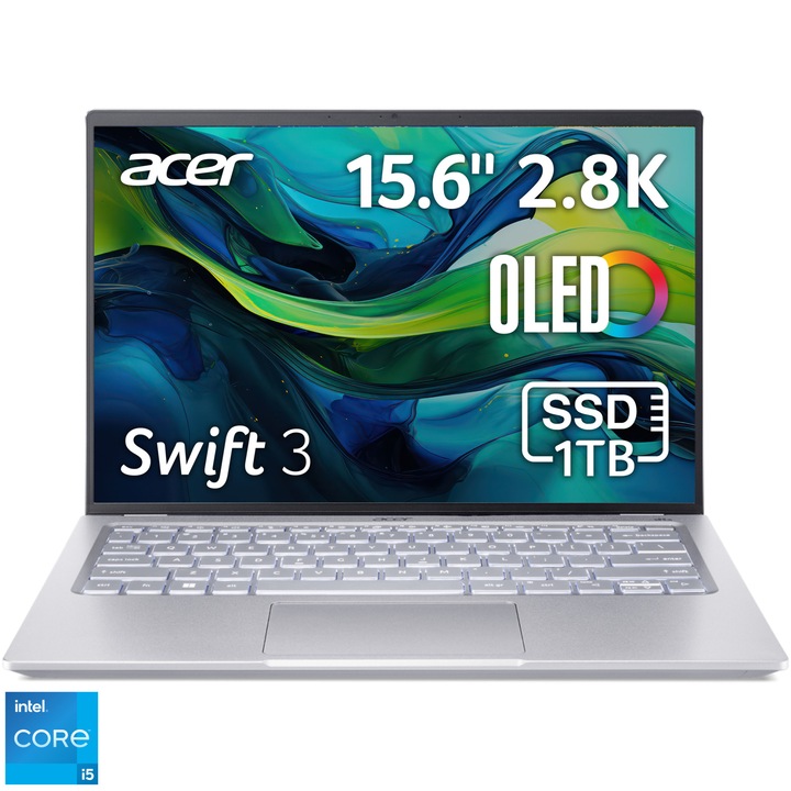 Laptop ultraportabil Acer Swift 3 SF314-71​ cu procesor Intel® Core™ i5-12450H pana la 4.40 GHz, 14", 2.8K, OLED, 16GB, 1TB SSD, Intel® UHD Graphics, No OS, Iron