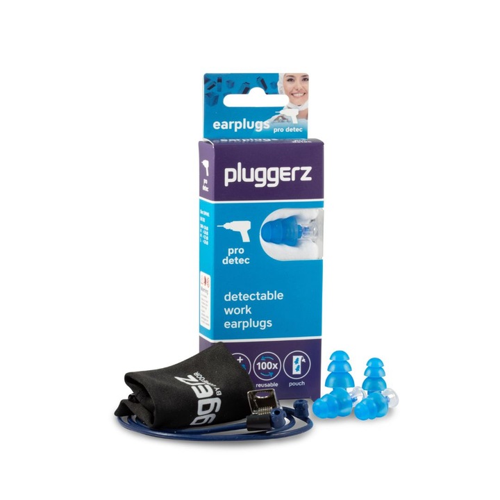 Силиконови тапи за уши Pluggerz PRO Detec с кабел за прикрепване за защита в шумна работна среда, 4 броя