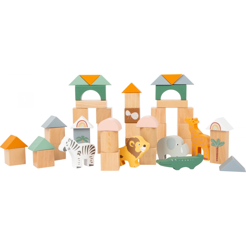 Set cuburi din lemn, constructie Safari si animale - 50 piese - eMAG.ro