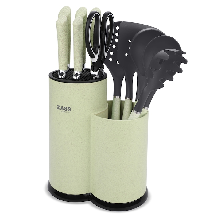 Set cutite si ustensile de bucatarie 12 piese Zass Gourmet ZG-KS 01, Verde