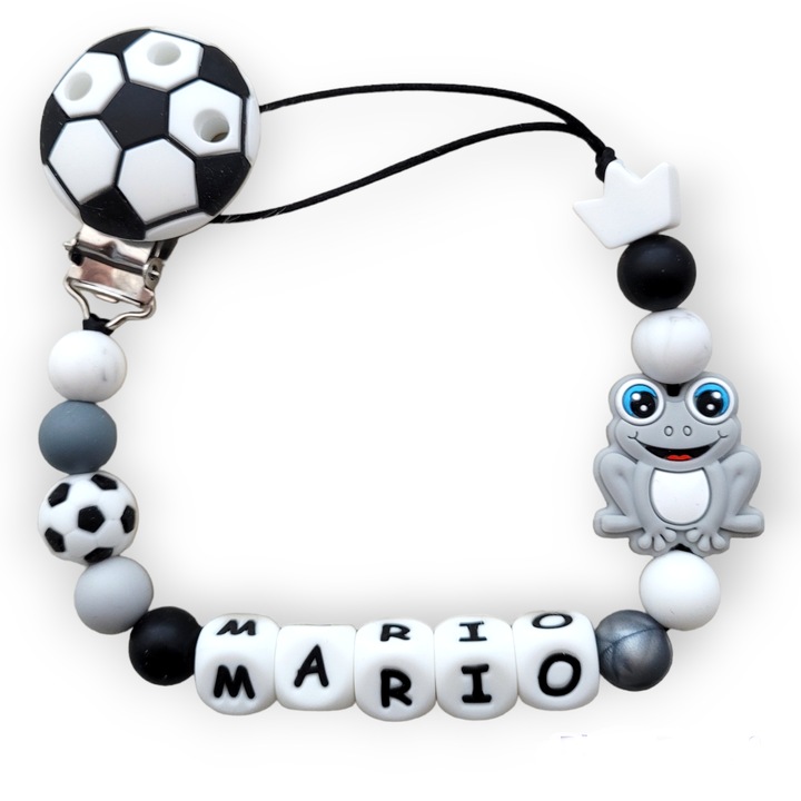 Lantisor pentru suzeta din silicon alimentar, personalizat cu numele bebelusului, Fotbal