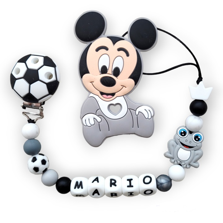 Set 2 piese, Lantisor pentru suzeta din silicon alimentar, personalizat si jucarie dentitie, Fotbal Mickey