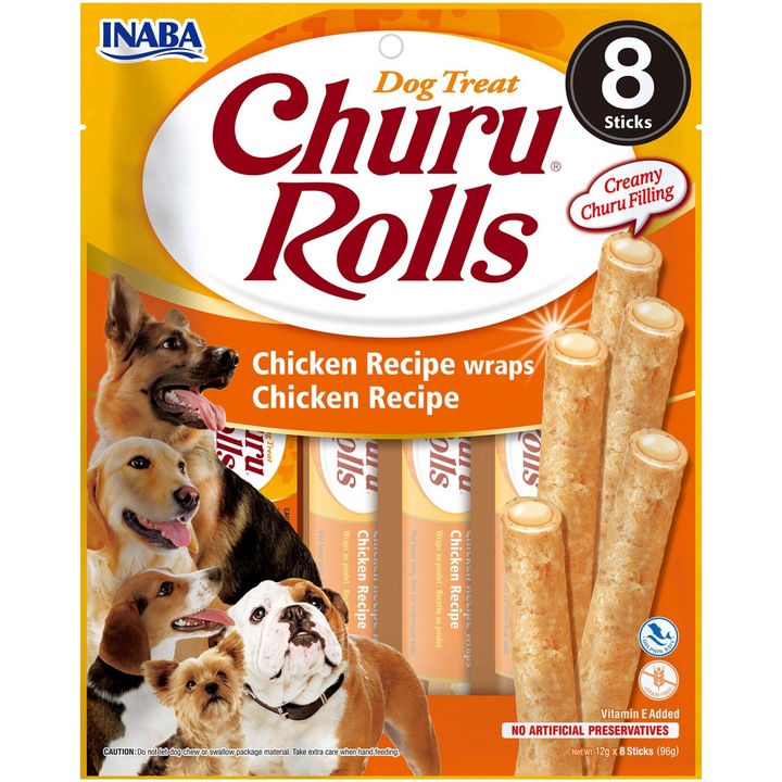 Recompense pentru caini Inaba Churu Rolls, Rulouri de Pui cu crema, 8 x 12g