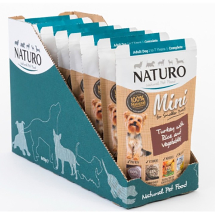 Мокра храна за кучета Naturo, Mini, Пуешко и ориз, 150 гр x 8 броя