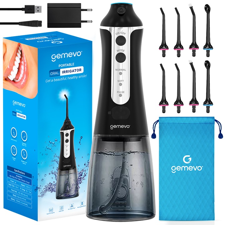 Professzionális szájöblítő szájzuhanyhoz, Gemevo család, vezeték nélküli, hordozható, IPX7, túlmelegedés elleni védelem, 300 ml-es tartály, fekete színű
