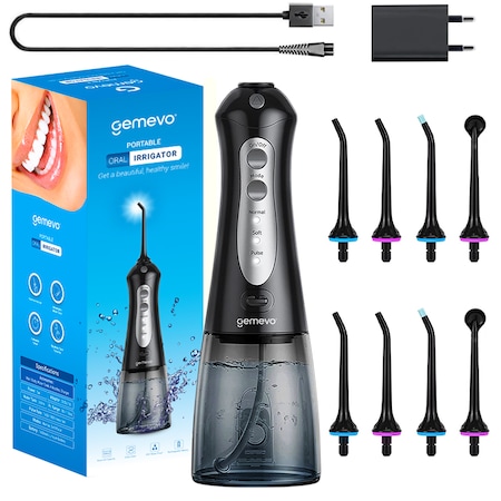 Irigator Oral Profesional pentru Dus Bucal, Gemevo® Family, fara fir, portabil, IPX7, Protectie supraincalzire, Rezervor 300 ml, Culoare Negru