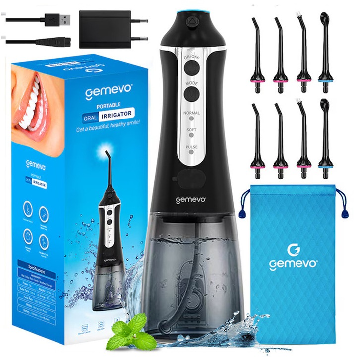 Irigator Bucal Profesional tip Dus Bucal Gemevo® Family, Irigator Oral fara fir, Portabil, IPX7, Protectie supraincalzire, Rezervor 300 ml, Saculet Depozitare, Culoare Negru