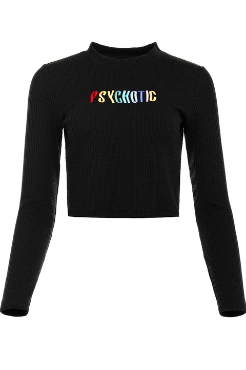 Pulover scurt cu inscriptie brodata in fata, Negru, Negru