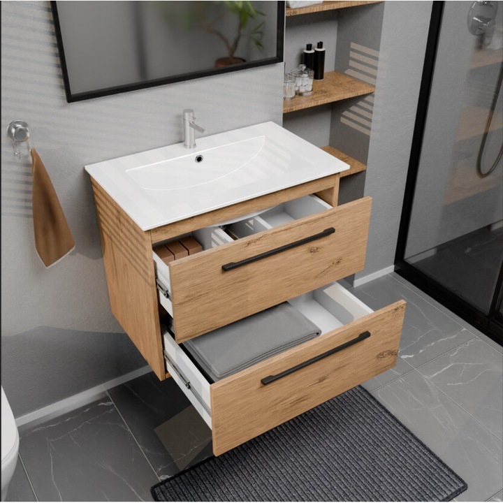 Dulap De Baie Si Lavoar, paplinskimoebel, Material Placaj Laminat, Finisaj Mat In Culoarea Stejar Lancelot, Chiuveta Ceramica, Culoare Alba, Utilizare Pentru Baie, 59,8 Cm X 39 Cm X 51,5 Cm, Multicolor