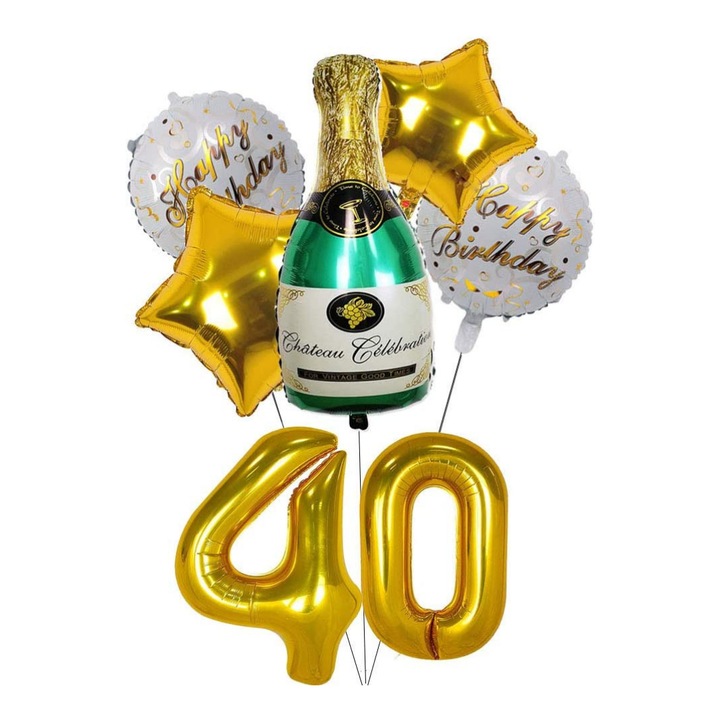 Set 7 baloane folie aniversare 40 ani, figurina sticla de sampanie 90cm si baloane cifre folie aurii