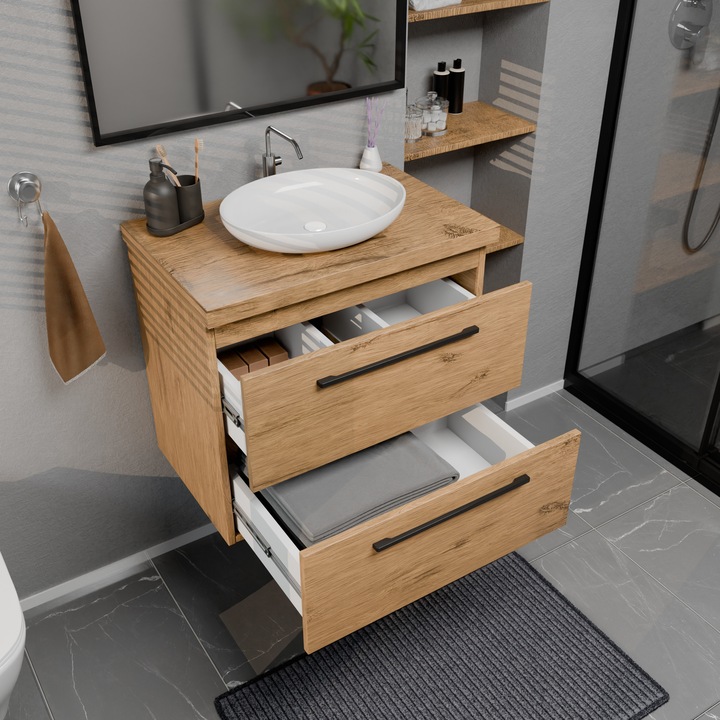 Dulap De Baie, paplinskimoebel, Corp Si Fronturi Din Placaj Laminat, Culoarea Stejar Lancelot Mat, Blat Din Stejar Lancelot Mat, Rezistent La Apa, Doua Sertare Cu Sistem De Deschidere Completa, 55 Cm X 60 Cm X 40 Cm, Multicolor