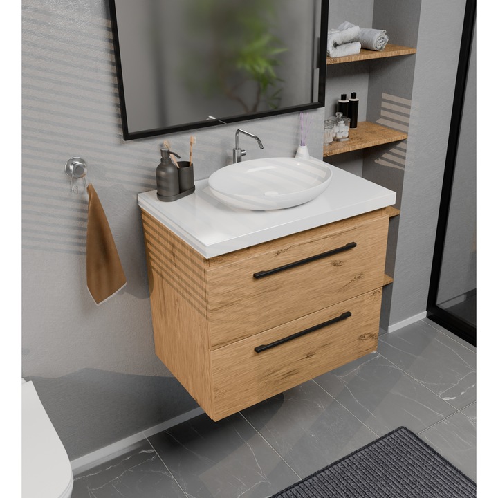 Dulap De Baie, paplinskimoebel, Iga, Cu Blat Alb Lacuit, 60 Cm, Stejar Lancelot, Manere Negre, Sertare Cu Inchidere Moale, Design Modern Si Functional, Ideal Pentru Bai Mici Si Mari, Rezistent La Umiditate