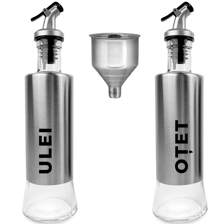 Set de 2 Oliviere Transparente din Sticla si Otel Inoxidabil, cu Palnie si Picurator, 300ml, pentru Ulei si Otet, Gri, Bukate®