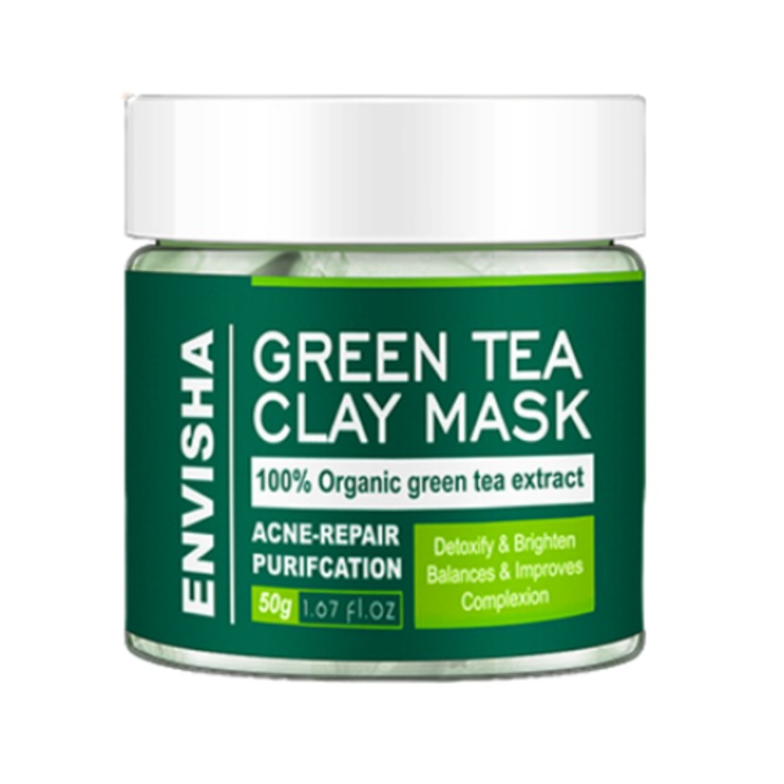 Masca Cu Ceai Verde Organic Si Argila, Envisha, Pentru Iluminare Si Combaterea Acneei, Curatare Profunda, Regenerare, Formula Naturala, Potrivita Pentru Ten Gras Si Sensibil, Textura Usoara, Aplicare Facila, 50 g, Natur