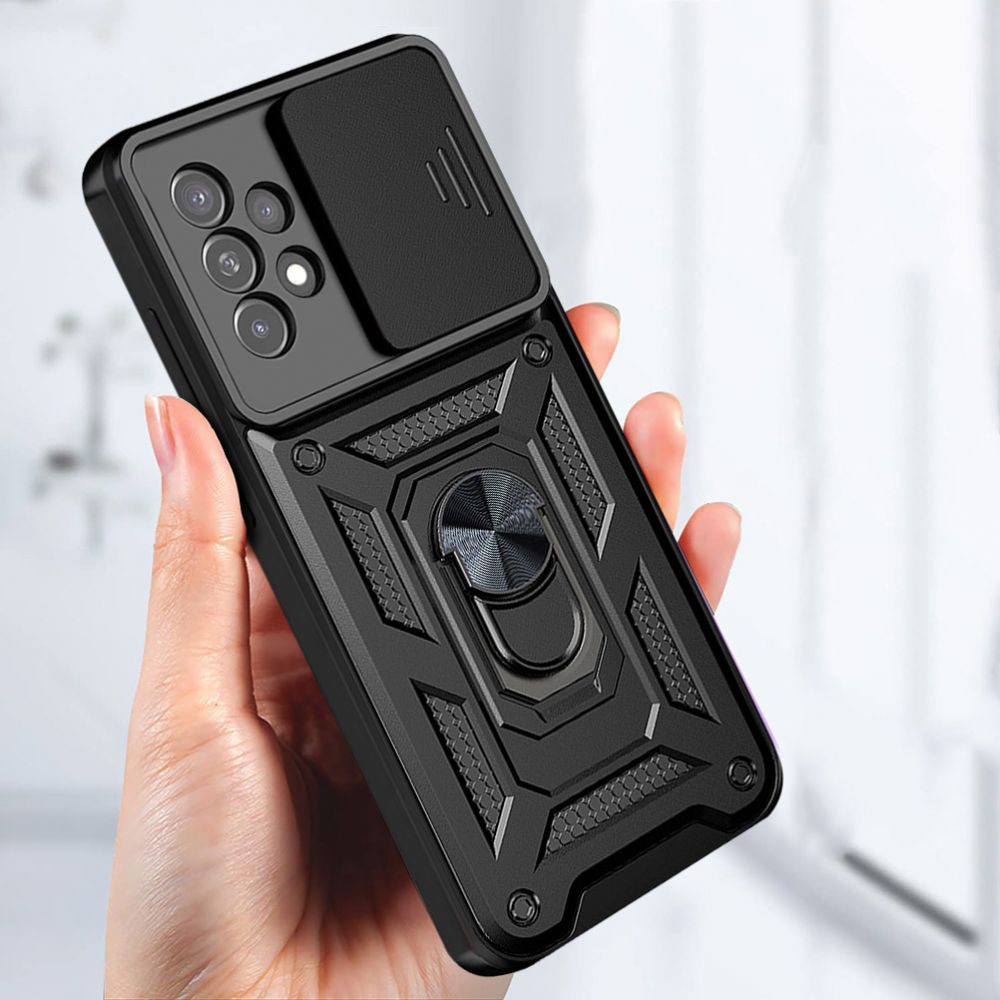Husa telefon compatibila cu Samsung Galaxy A53 5G, protectie camera Slide and Snap Soft Premium, Magnetic Ring Holder, PopGrip, Anti-Shock, Rugged Protection, Negru