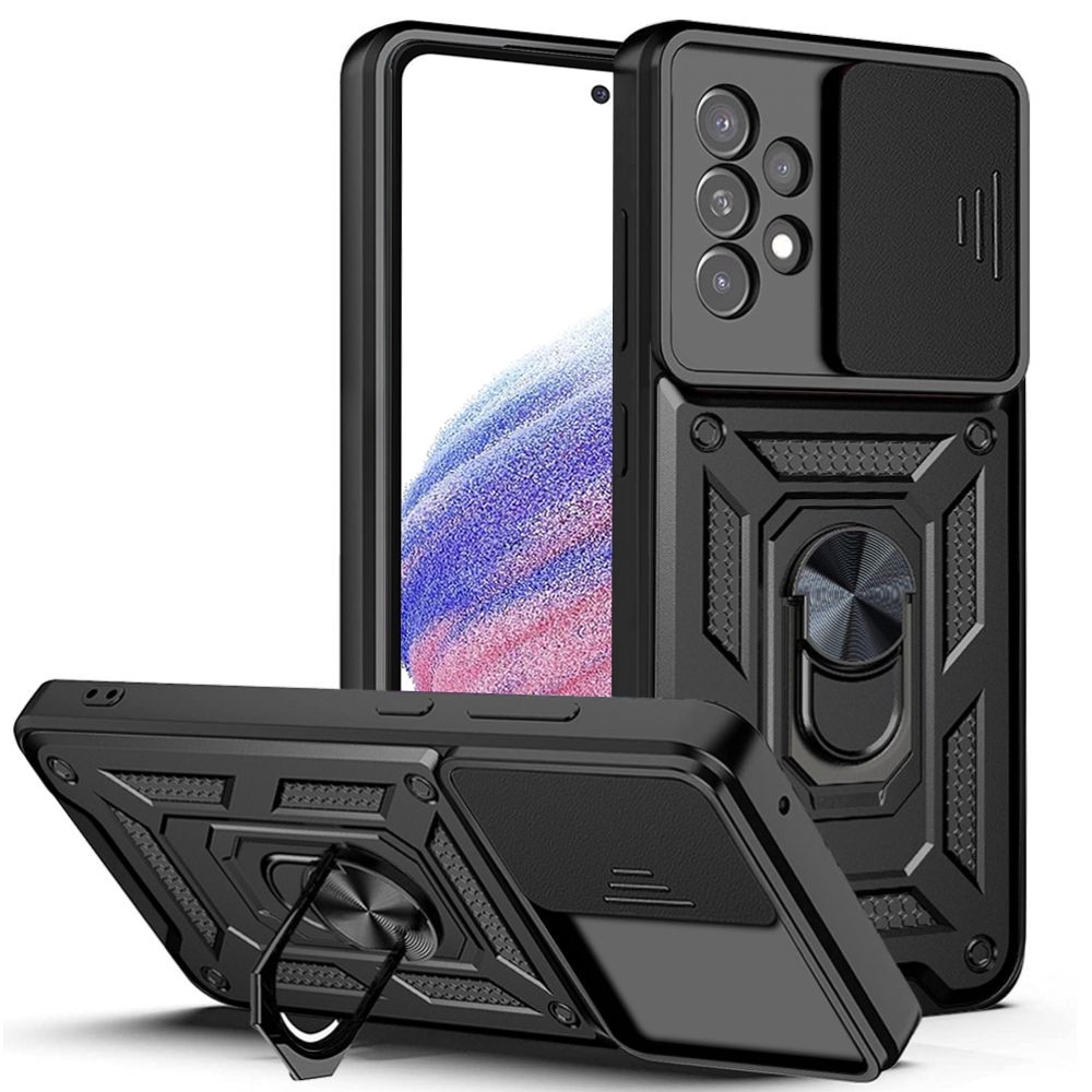 Husa telefon compatibila cu Samsung Galaxy A53 5G, protectie camera Slide and Snap Soft Premium, Magnetic Ring Holder, PopGrip, Anti-Shock, Rugged Protection, Negru