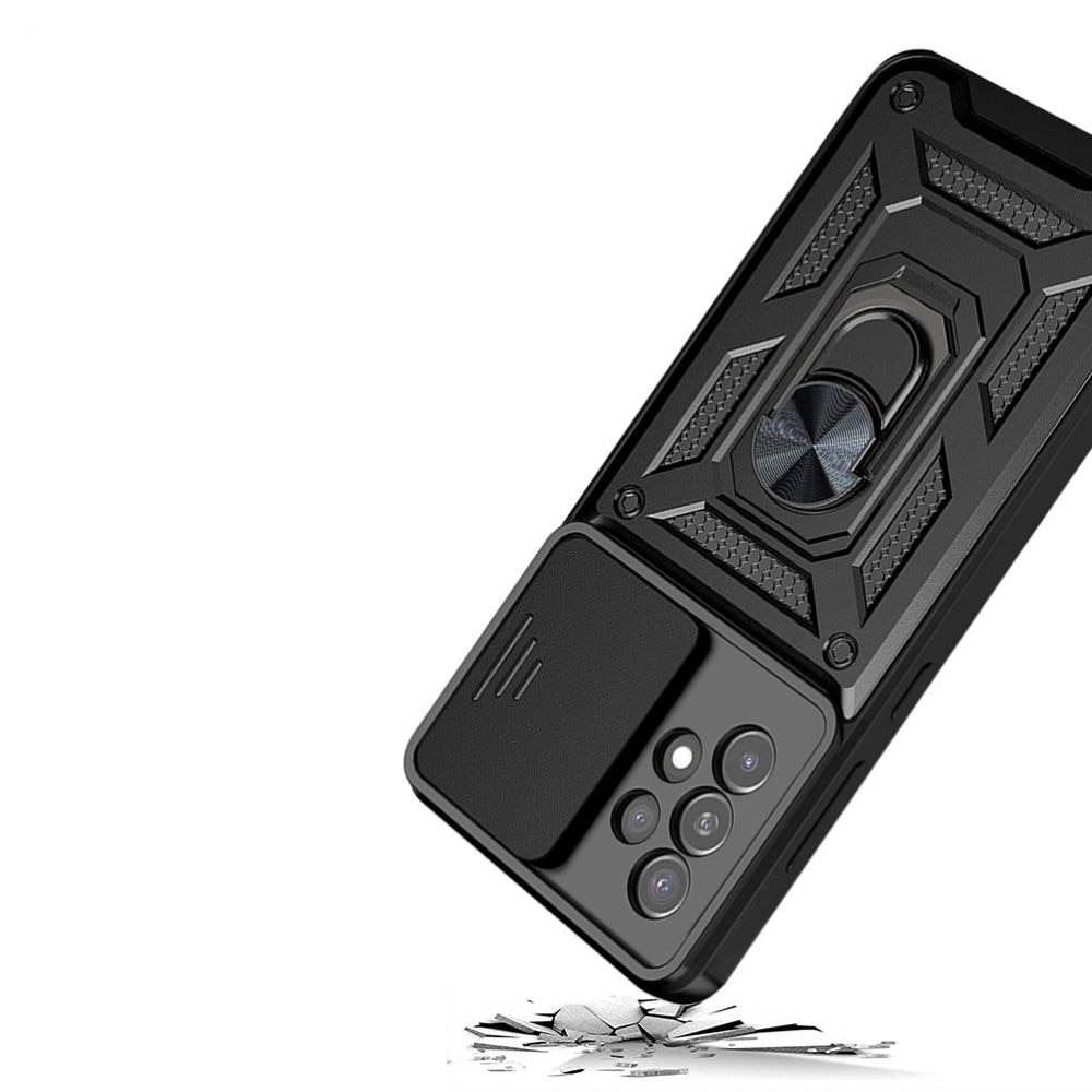 Husa telefon compatibila cu Samsung Galaxy A53 5G, protectie camera Slide and Snap Soft Premium, Magnetic Ring Holder, PopGrip, Anti-Shock, Rugged Protection, Negru