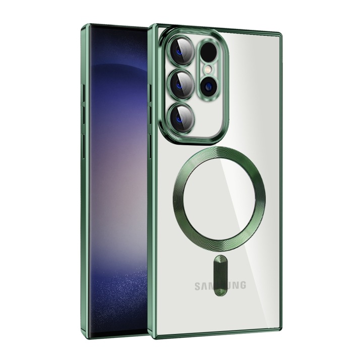 Husa Magsafe compatibila cu Samsung Galaxy S23, Margini Colorate Verzi, Protectie la camere, Transparent, Atlas