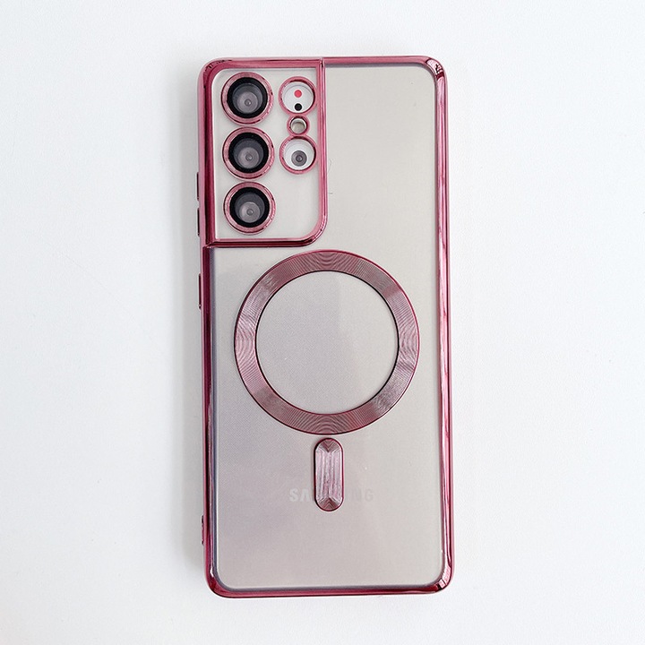 Husa Magsafe compatibila cu Samsung Galaxy S23 Plus, Margini Colorate Roz-Auriu, Protectie la camere, Transparent, Atlas