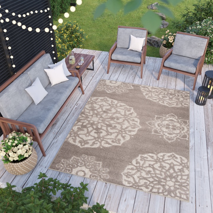 Килим за закрито и открито Сизал Модерна декоративна тераса, Tapiso Patio, Сив 3D ефект Издръжлив размер на килима - 140 x 200 см