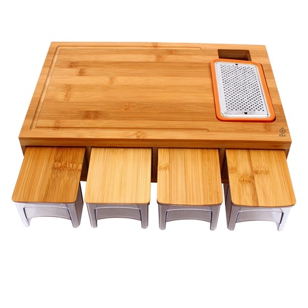 Tocator din bambus multifunctional, Zola®, 4 tavi detasabile si 4 razatoare cu diferite forme, 40 x 26.5 x 9.5 cm
