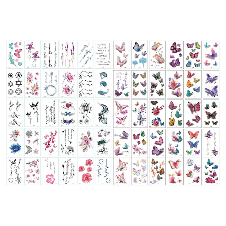 Set 60 de autocolante pentru tatuaje, LXNZUHN, Fluture/caracter, Multicolor