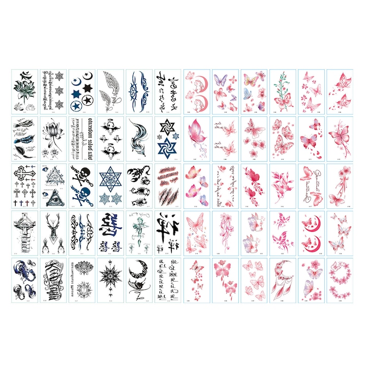 Set 60 de autocolante pentru tatuaje, LXNZUHN, Figuri geometry, Negru/roz
