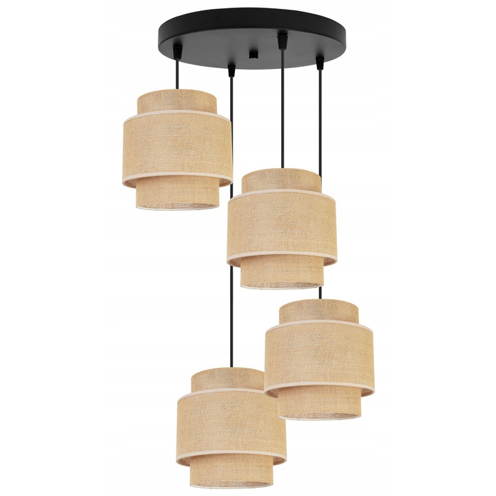 Plafoniera suspendata, Light Home, Boho OW, reglabile, Lungime 95 cm, Abajur 20 cm, E27, 4 punct de lumina, material textil, Bej/Negru