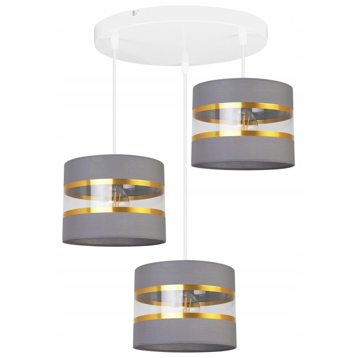 Plafoniera suspendata, Light Home, Elegance gold OW, reglabile, Lungime 90 cm, Abajur 20 cm, E27, 3 punct de lumina, material textil, Gri/Auriu/Alb