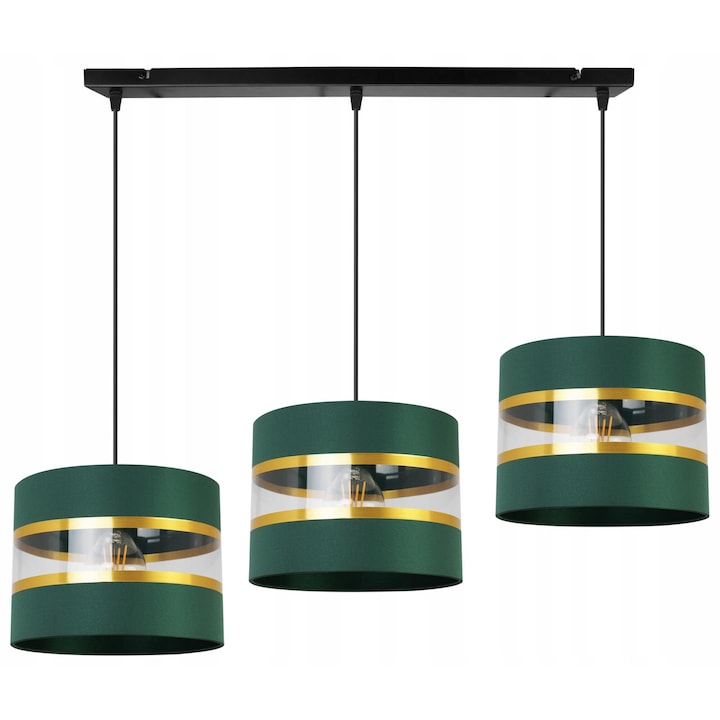 Plafoniera suspendata, Light Home, Elegance gold, reglabile, Lungime 90 cm, Abajur 20 cm, E27, 3 punct de lumina, material textil, Verde/Auriu/Negru