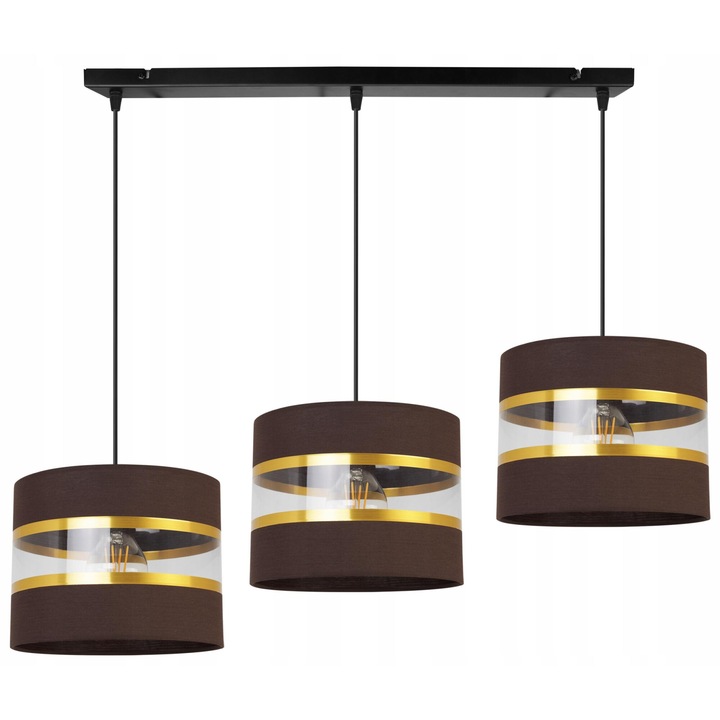 Plafoniera suspendata, Light Home, Elegance gold, reglabile, Lungime 90 cm, Abajur 20 cm, E27, 3 punct de lumina, material textil, Maro/Auriu/Negru